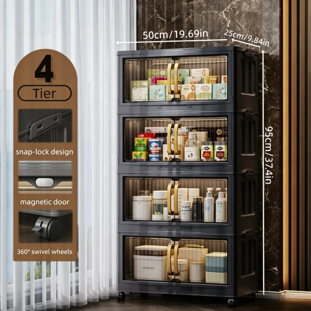 3/4/5-Layer Foldable Stackable Storage Cabinet with Magnetic Clear Doors, Foldable Plastic Storage Boxes with Gold Handles and 360° Swivel Wheels, Quick-Assembly Buckle Rolling Organizer, Great for Makeup, Snacks, Books, Pan
