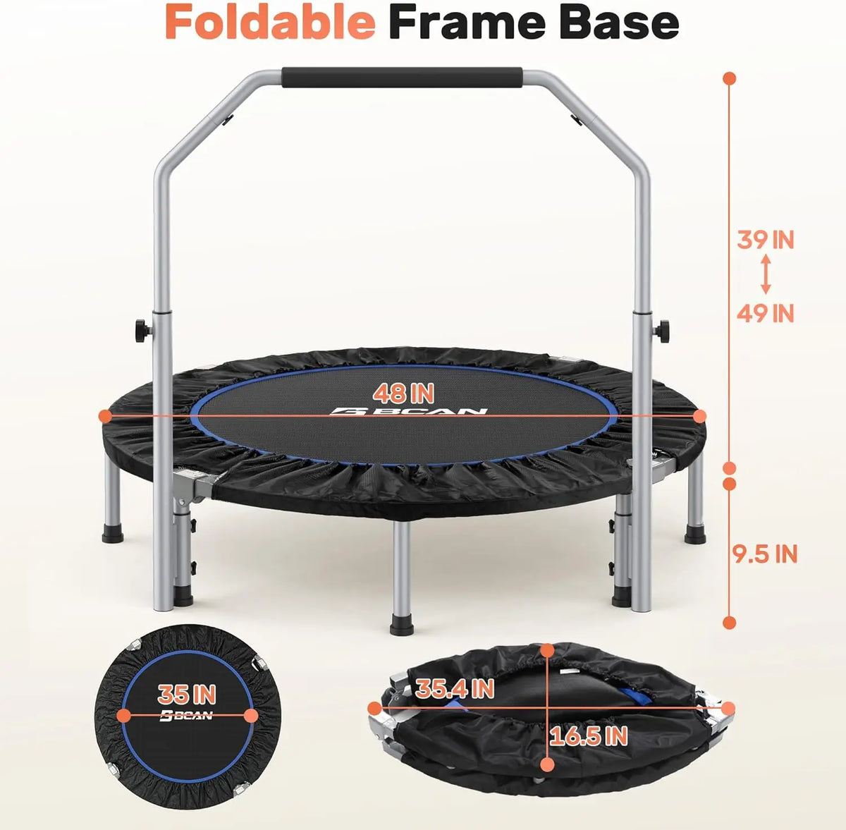 40/48ā Foldable Mini Trampoline with Adjustable Foam Handle Fitness Rebounder for Adults Max Load 440 Lbs Exercise Trampoline