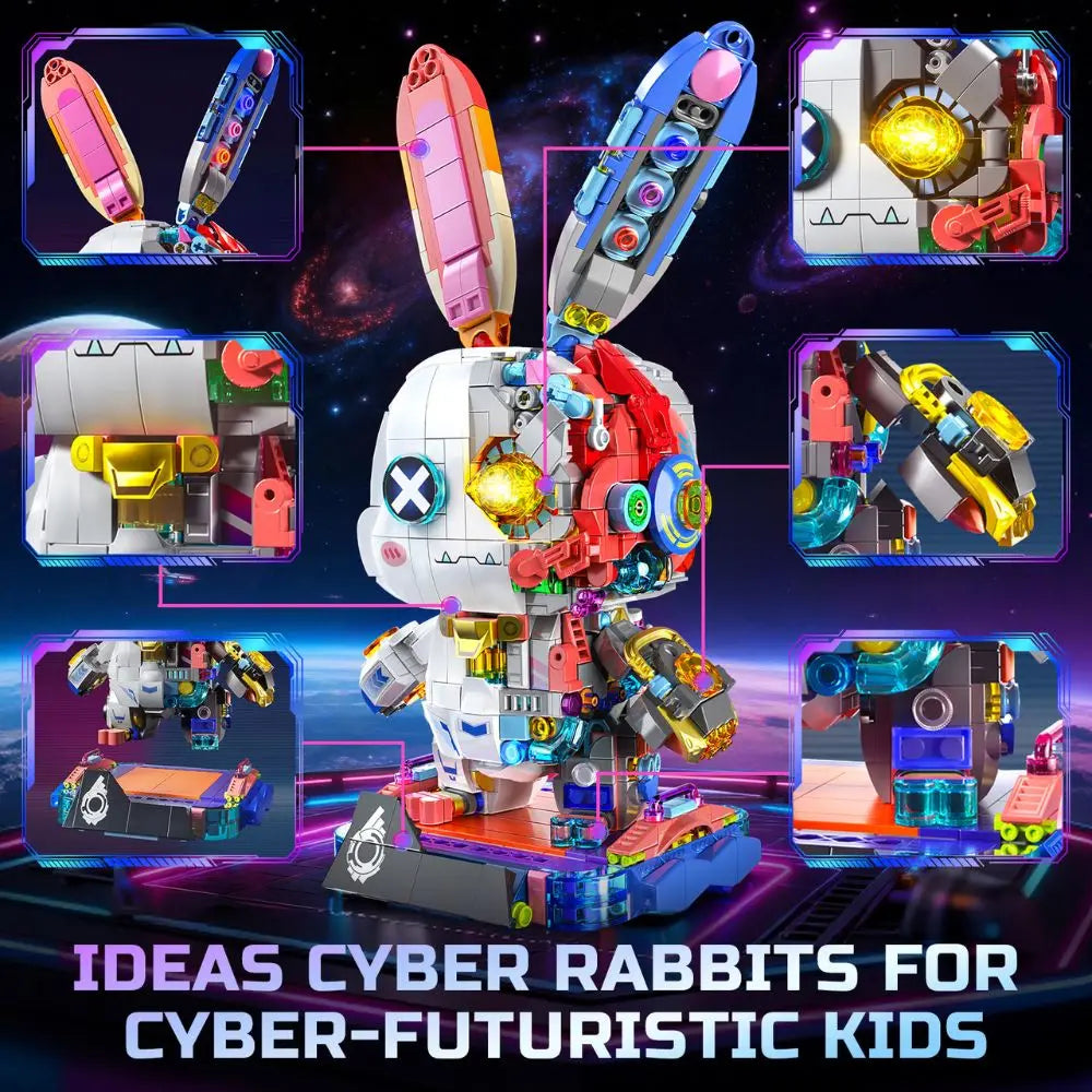 KAVOWORLD Cyberpunk Mechanical Rabbit Building Blocks Set LED Light Up Glow-in-the-Dark Bunny Bricks Kit with Gold-plated Parts Semi-transparent Disassembly Design Collectible Desk Decor for Teens Adults Birthday Christmas Gi