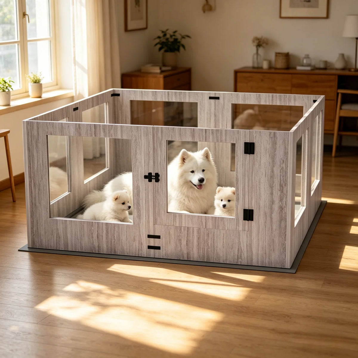 8 Panels Tempered Glass Dog Puppies Playpen for Indoor Pet Whelping Pen Exercise Fence Box Cage with Waterproof Fertility Pad