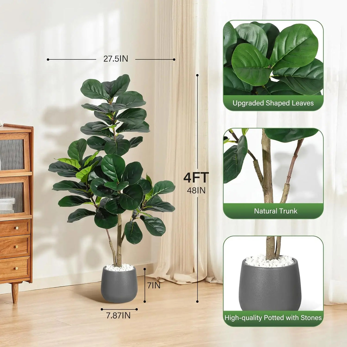 4FT/5FT/6FT/7FT Fiddle Leaf Fig Tree Artificial with Leaves, Realistic Faux Ficus Lyrata Trees in White Planter Pot, Home Decor