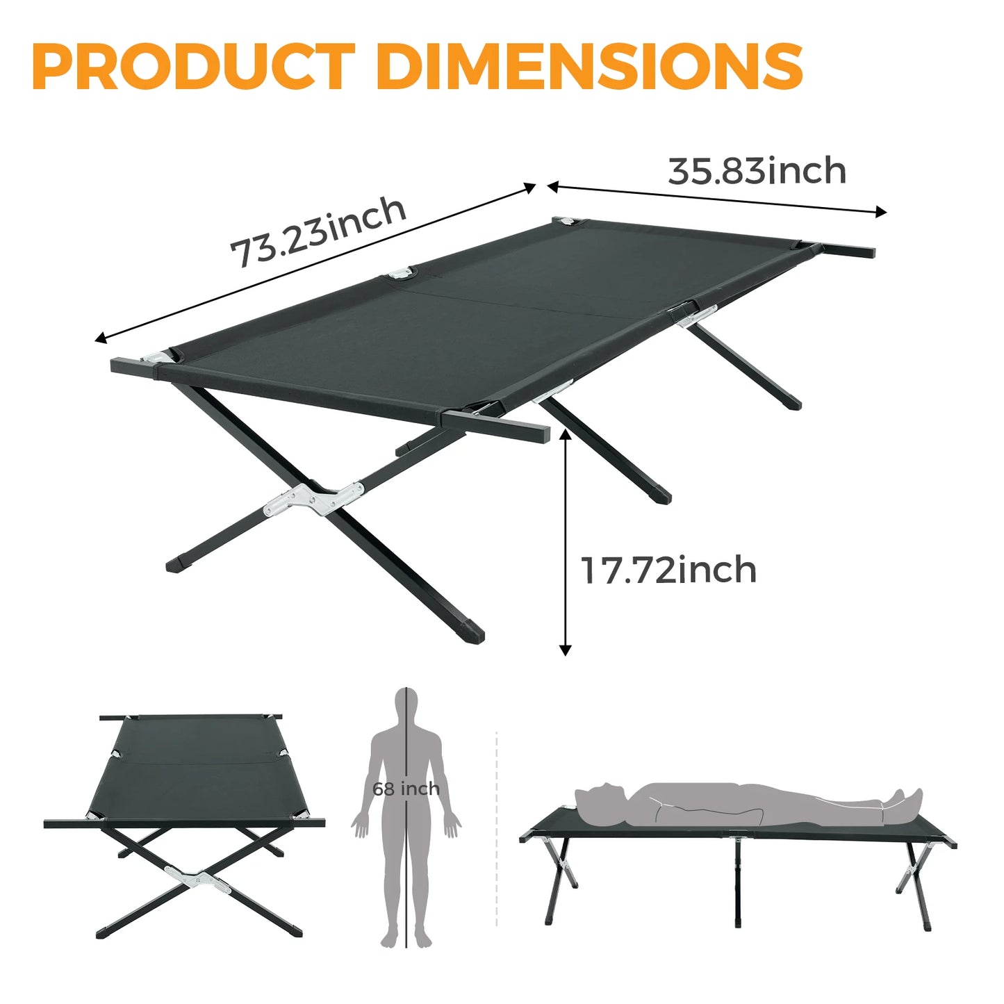 JHK Collapsible Camping Cot Lounge Chair 73" x 36" Portable Folding Sleeping Cot 300 LBS Capacity Sturdy Frame for Outdoor
