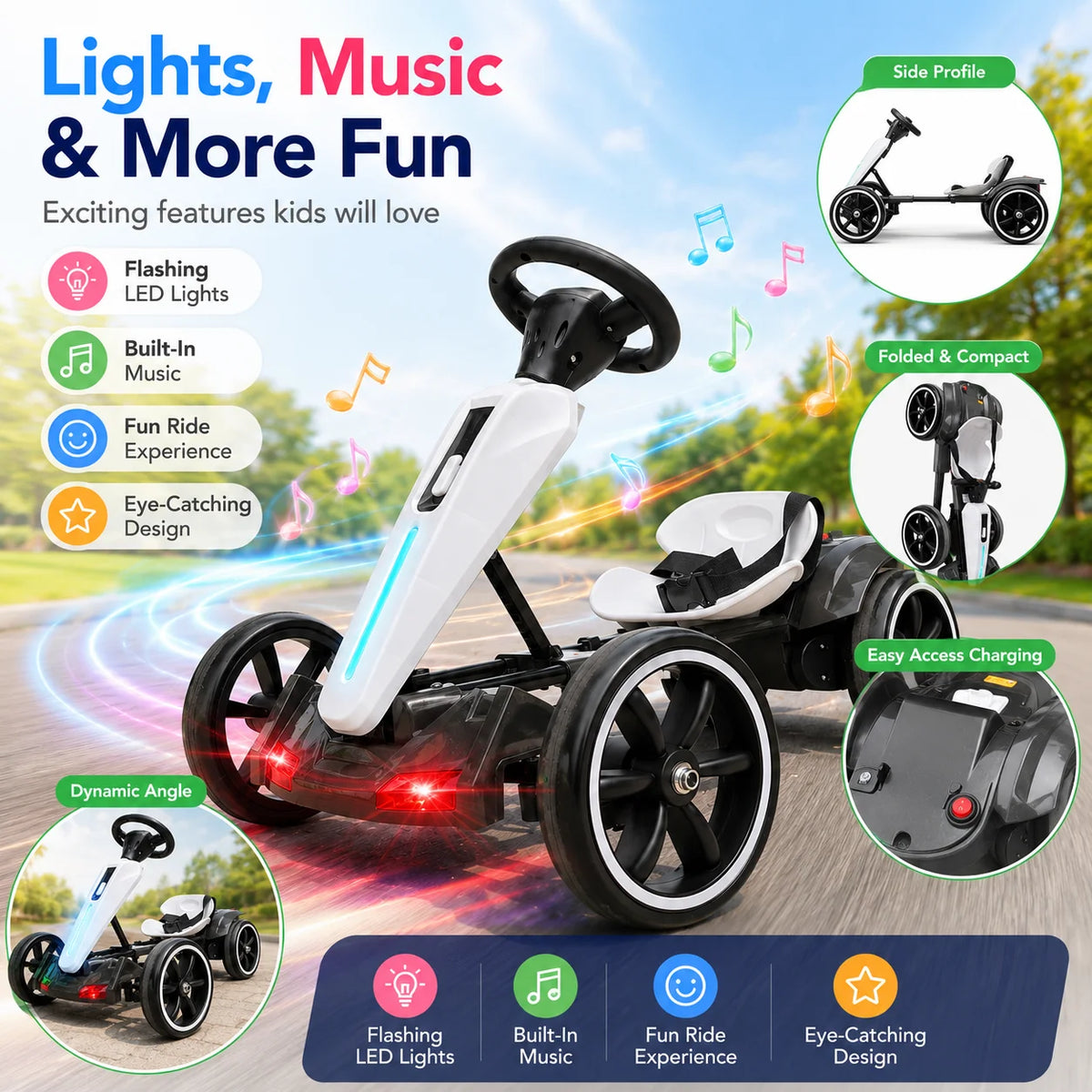 Kids Electric Go Kart 12V Ride-On for Ages 3-6 | Forward & Reverse, Foldable Design, LED Lights & Music, Sturdy Metal Frame, 4 EVA Wheels, Seat Belt Safety, Indoor & Outdoor Fun, 66 lbs Capacity, Easy Storage & Assembly
