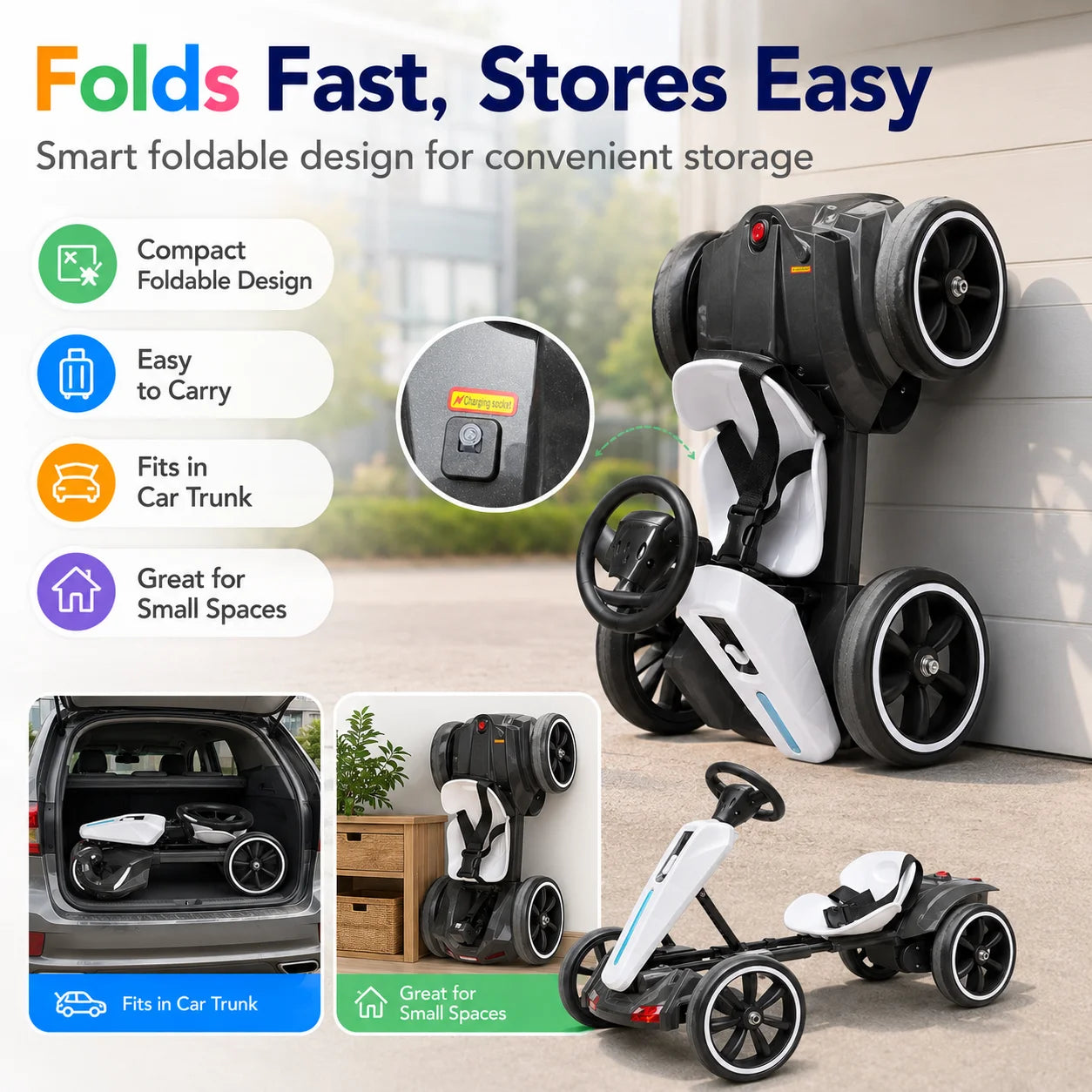 Kids Electric Go Kart 12V Ride-On for Ages 3-6 | Forward & Reverse, Foldable Design, LED Lights & Music, Sturdy Metal Frame, 4 EVA Wheels, Seat Belt Safety, Indoor & Outdoor Fun, 66 lbs Capacity, Easy Storage & Assembly