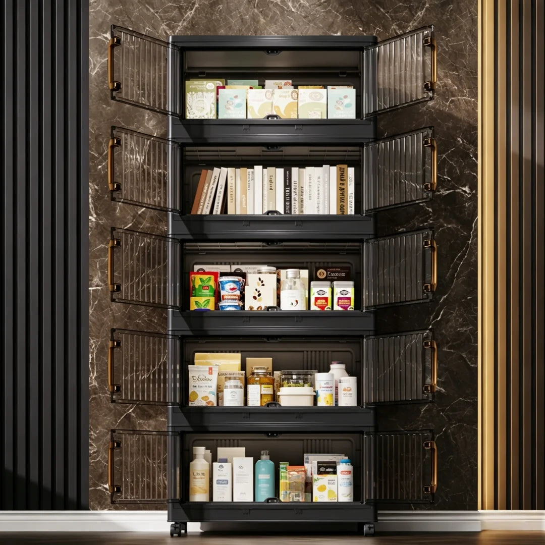 3/4/5-Layer Foldable Stackable Storage Cabinet with Magnetic Clear Doors, Foldable Plastic Storage Boxes with Gold Handles and 360° Swivel Wheels, Quick-Assembly Buckle Rolling Organizer, Great for Makeup, Snacks, Books, Pan