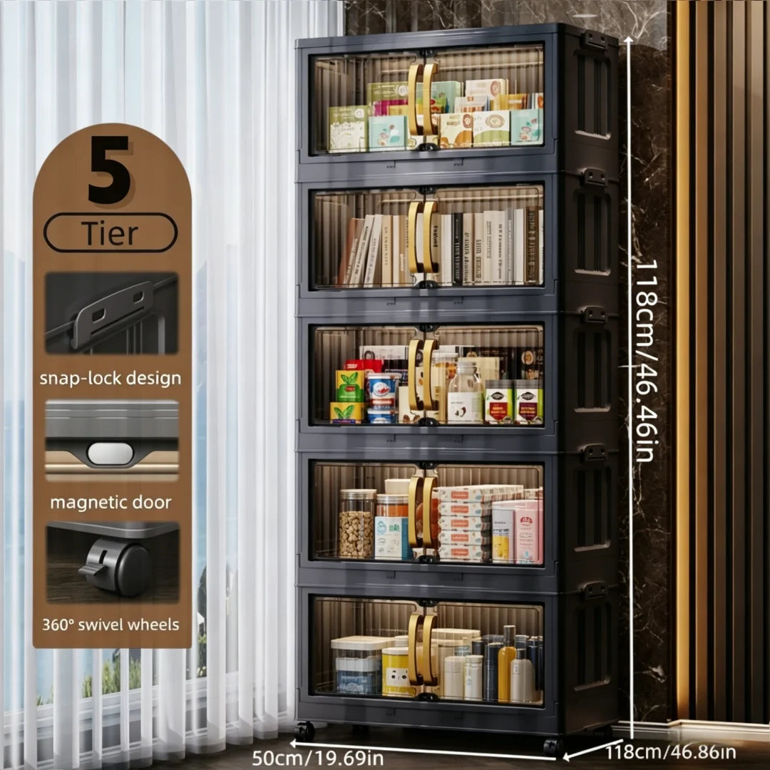 3/4/5-Layer Foldable Stackable Storage Cabinet with Magnetic Clear Doors, Foldable Plastic Storage Boxes with Gold Handles and 360° Swivel Wheels, Quick-Assembly Buckle Rolling Organizer, Great for Makeup, Snacks, Books, Pan