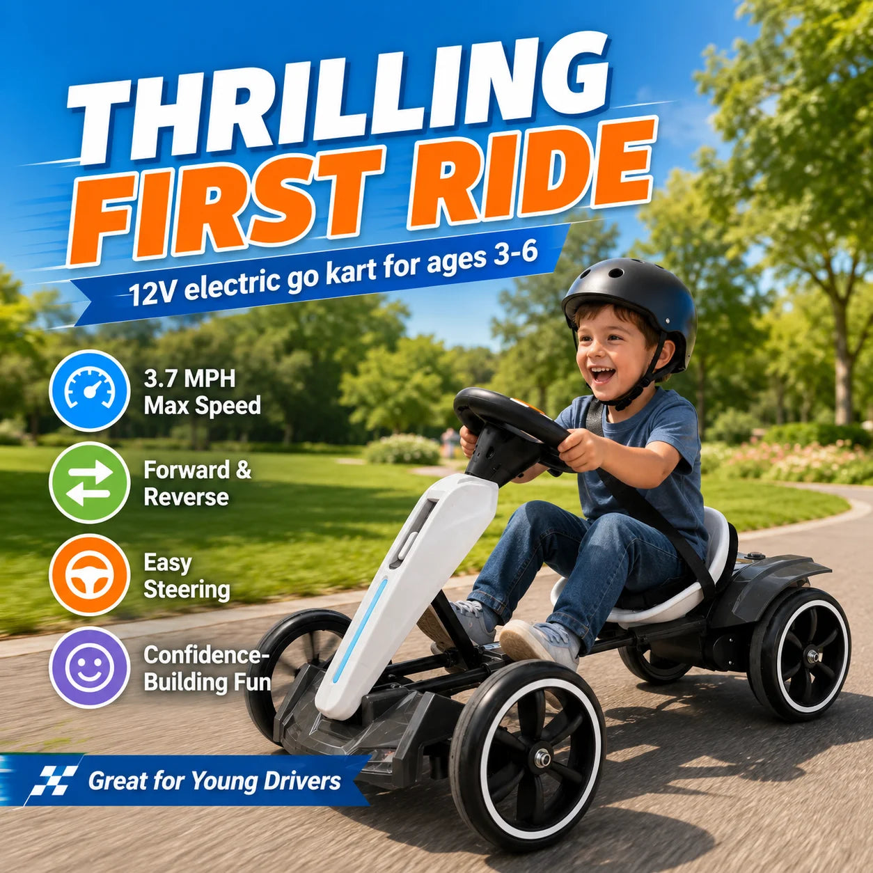 Kids Electric Go Kart 12V Ride-On for Ages 3-6 | Forward & Reverse, Foldable Design, LED Lights & Music, Sturdy Metal Frame, 4 EVA Wheels, Seat Belt Safety, Indoor & Outdoor Fun, 66 lbs Capacity, Easy Storage & Assembly