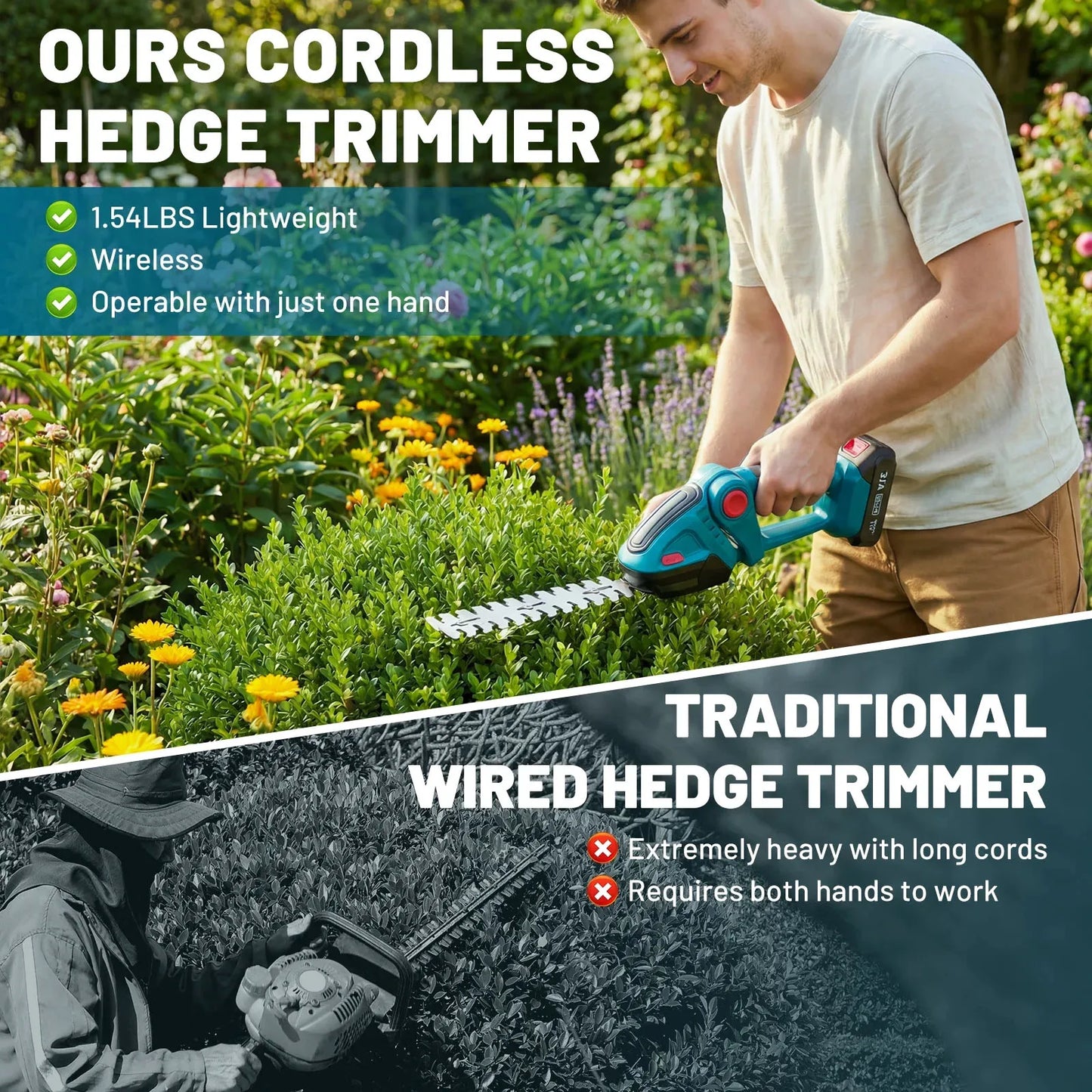 Cordless Hedge Trimmer 2 in 1 Handheld Grass Trimmer 90° Rotatable Blade Shrub Pruning Cutter 2000mAh Li-ion Battery for Home Garden Lawn Care Tools
