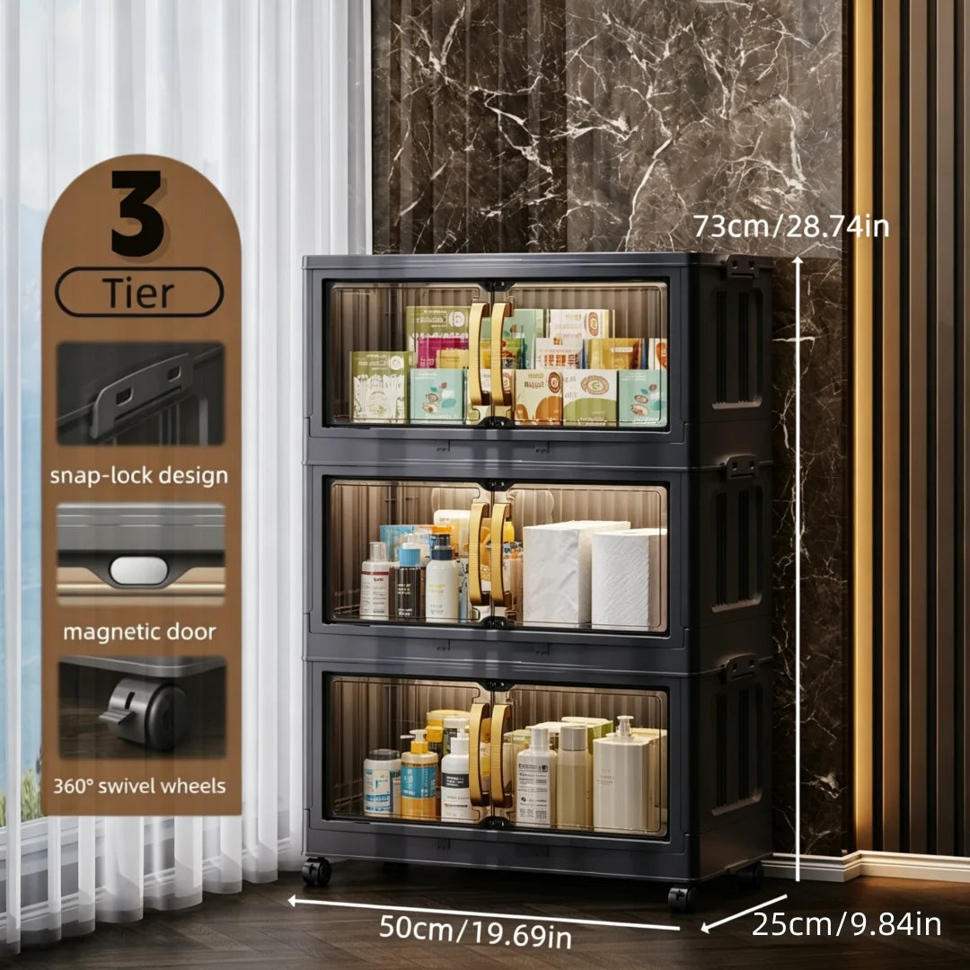 3/4/5-Layer Foldable Stackable Storage Cabinet with Magnetic Clear Doors, Foldable Plastic Storage Boxes with Gold Handles and 360° Swivel Wheels, Quick-Assembly Buckle Rolling Organizer, Great for Makeup, Snacks, Books, Pan
