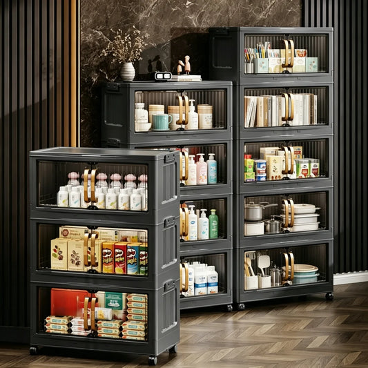 3/4/5-Layer Foldable Stackable Storage Cabinet with Magnetic Clear Doors, Foldable Plastic Storage Boxes with Gold Handles and 360° Swivel Wheels, Quick-Assembly Buckle Rolling Organizer, Great for Makeup, Snacks, Books, Pan