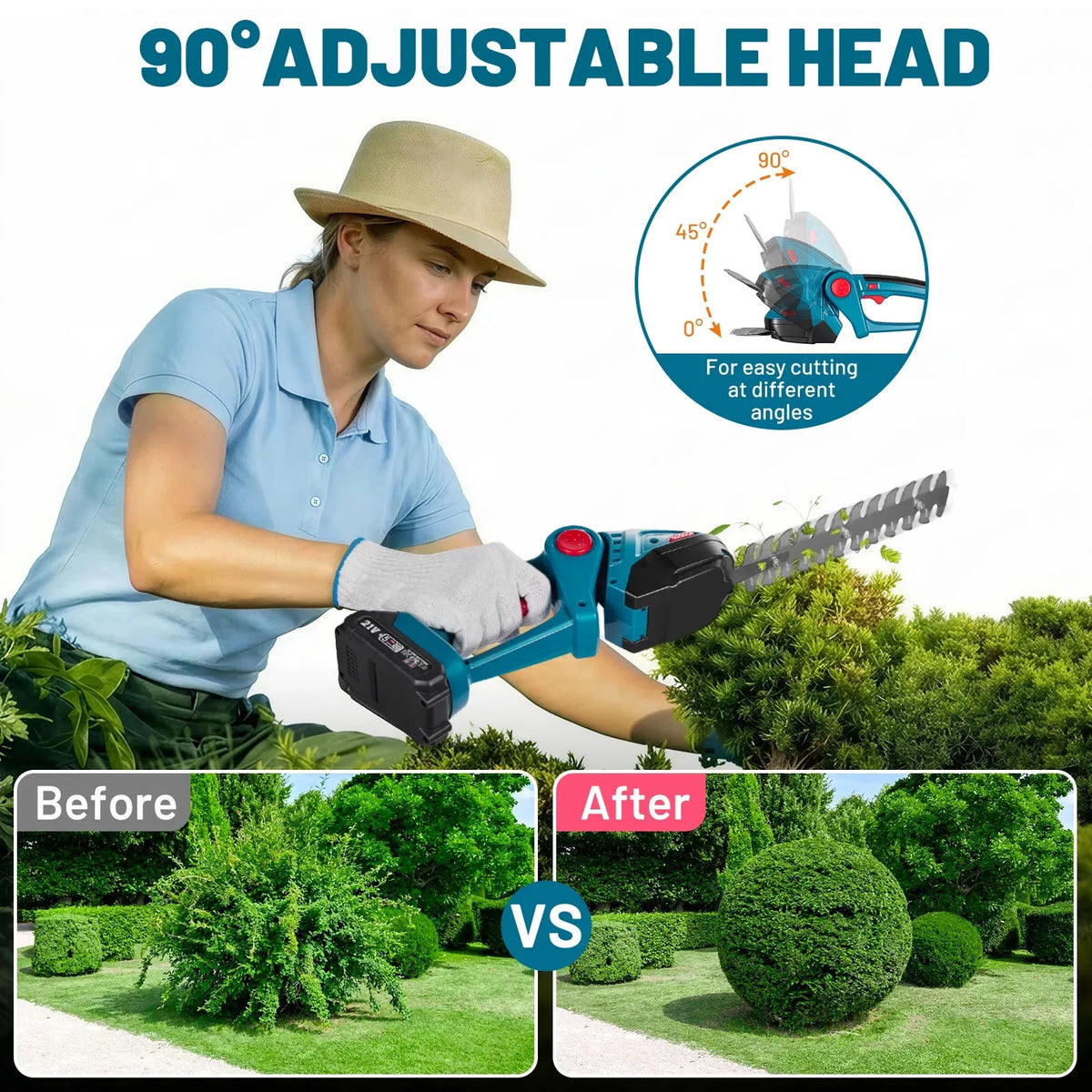 Cordless Hedge Trimmer 2 in 1 Handheld Grass Trimmer 90° Rotatable Blade Shrub Pruning Cutter 2000mAh Li-ion Battery for Home Garden Lawn Care Tools