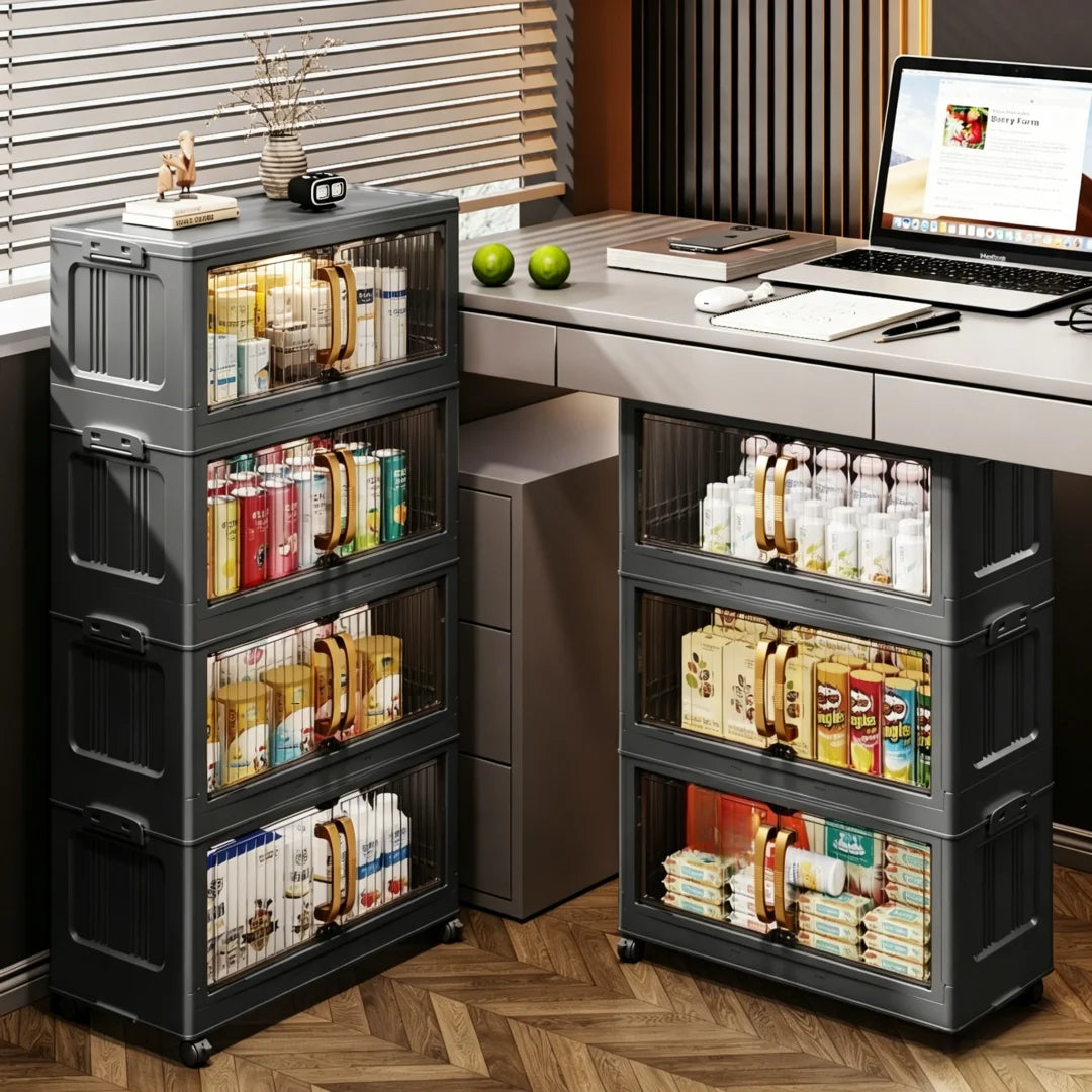 3/4/5-Layer Foldable Stackable Storage Cabinet with Magnetic Clear Doors, Foldable Plastic Storage Boxes with Gold Handles and 360° Swivel Wheels, Quick-Assembly Buckle Rolling Organizer, Great for Makeup, Snacks, Books, Pan