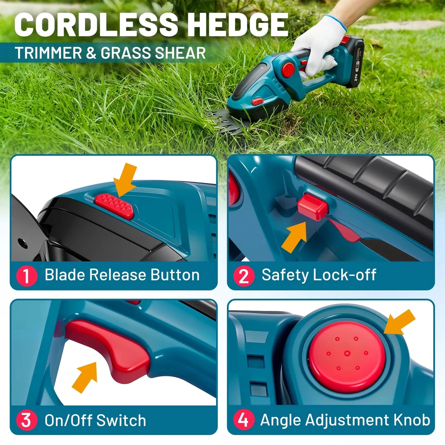 Cordless Hedge Trimmer 2 in 1 Handheld Grass Trimmer 90° Rotatable Blade Shrub Pruning Cutter 2000mAh Li-ion Battery for Home Garden Lawn Care Tools