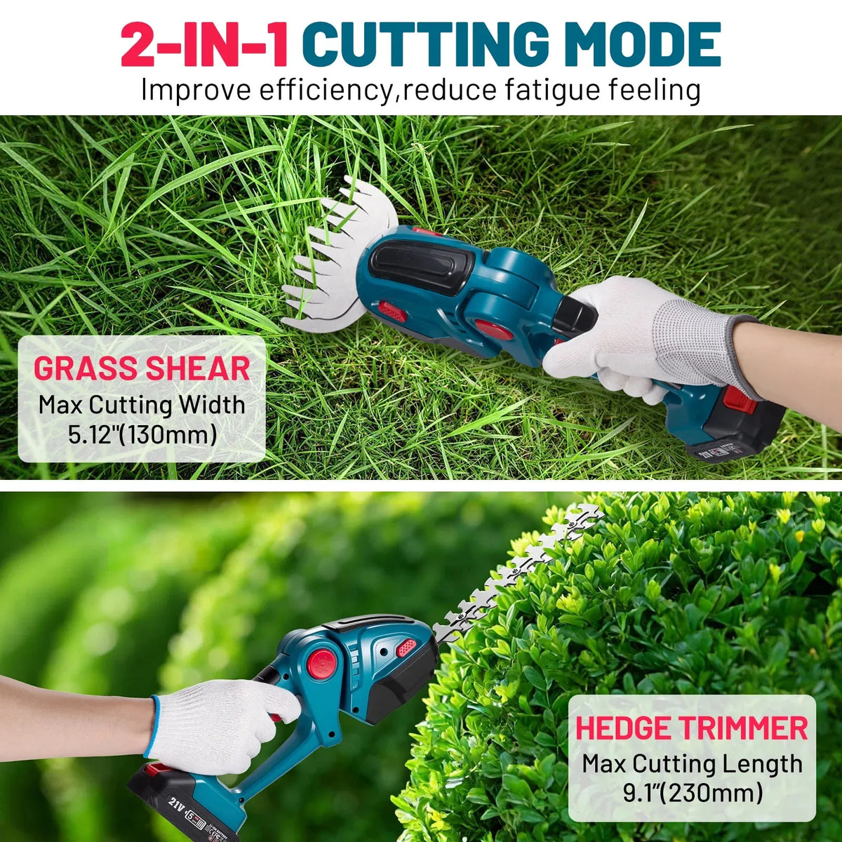 Cordless Hedge Trimmer 2 in 1 Handheld Grass Trimmer 90° Rotatable Blade Shrub Pruning Cutter 2000mAh Li-ion Battery for Home Garden Lawn Care Tools