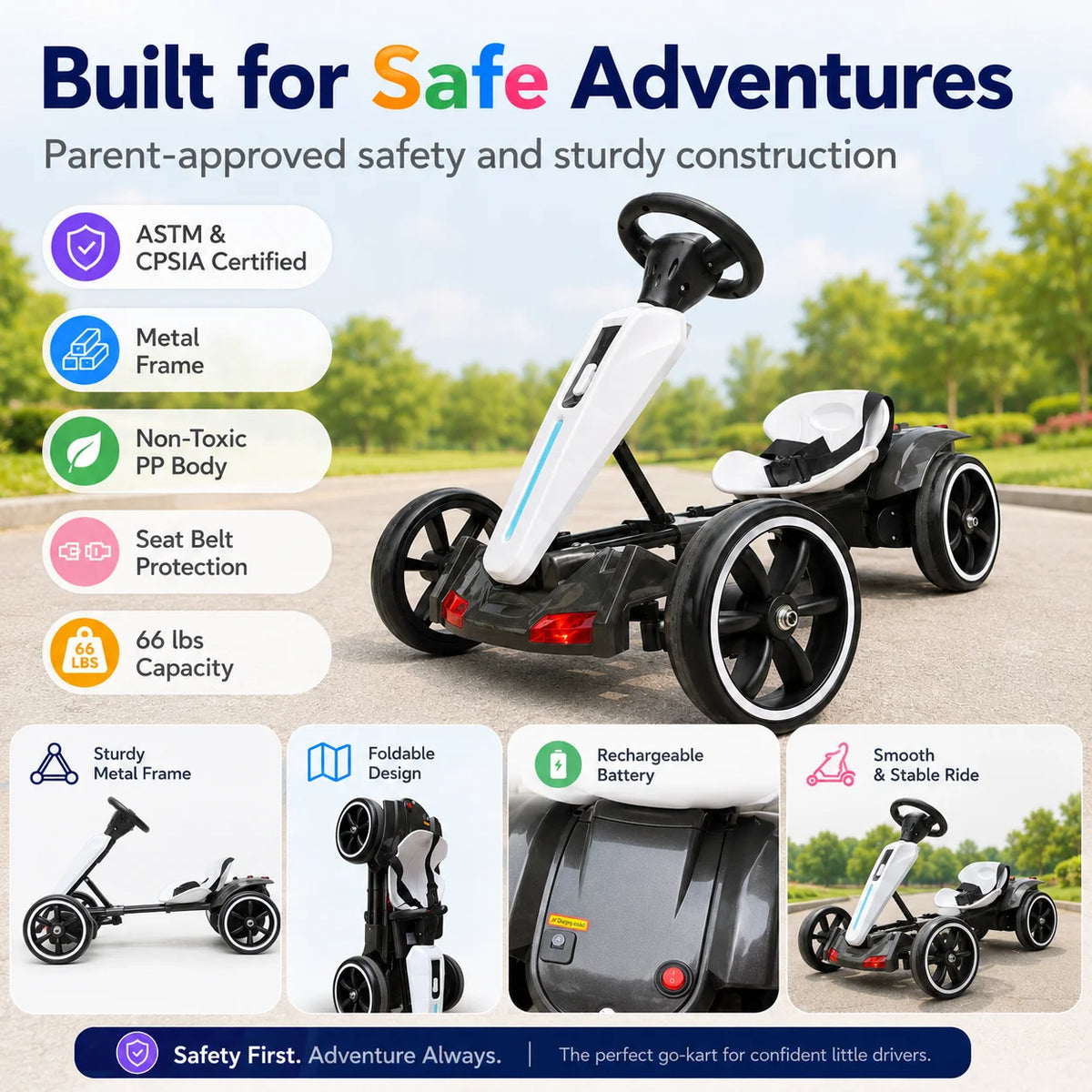 Kids Electric Go Kart 12V Ride-On for Ages 3-6 | Forward & Reverse, Foldable Design, LED Lights & Music, Sturdy Metal Frame, 4 EVA Wheels, Seat Belt Safety, Indoor & Outdoor Fun, 66 lbs Capacity, Easy Storage & Assembly