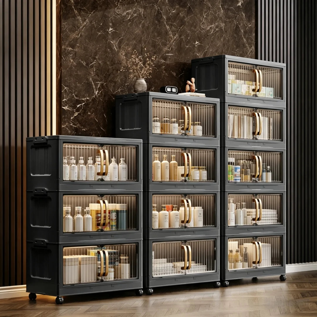 3/4/5-Layer Foldable Stackable Storage Cabinet with Magnetic Clear Doors, Foldable Plastic Storage Boxes with Gold Handles and 360° Swivel Wheels, Quick-Assembly Buckle Rolling Organizer, Great for Makeup, Snacks, Books, Pan