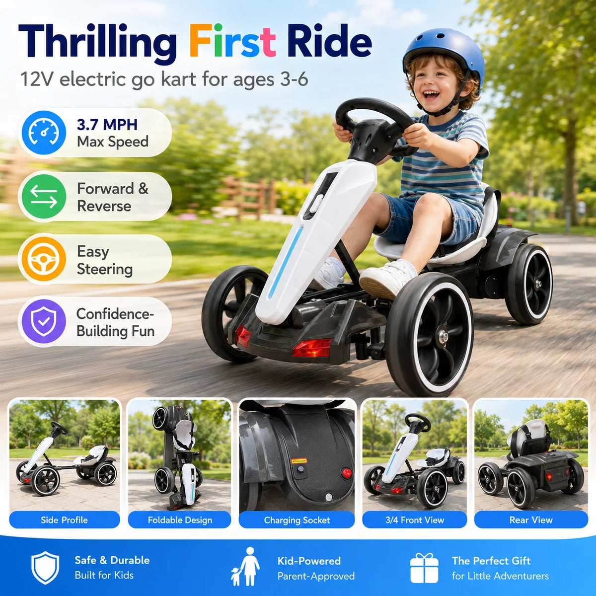 Kids Electric Go Kart 12V Ride-On for Ages 3-6 | Forward & Reverse, Foldable Design, LED Lights & Music, Sturdy Metal Frame, 4 EVA Wheels, Seat Belt Safety, Indoor & Outdoor Fun, 66 lbs Capacity, Easy Storage & Assembly