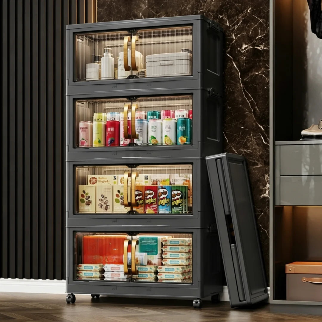 3/4/5-Layer Foldable Stackable Storage Cabinet with Magnetic Clear Doors, Foldable Plastic Storage Boxes with Gold Handles and 360° Swivel Wheels, Quick-Assembly Buckle Rolling Organizer, Great for Makeup, Snacks, Books, Pan