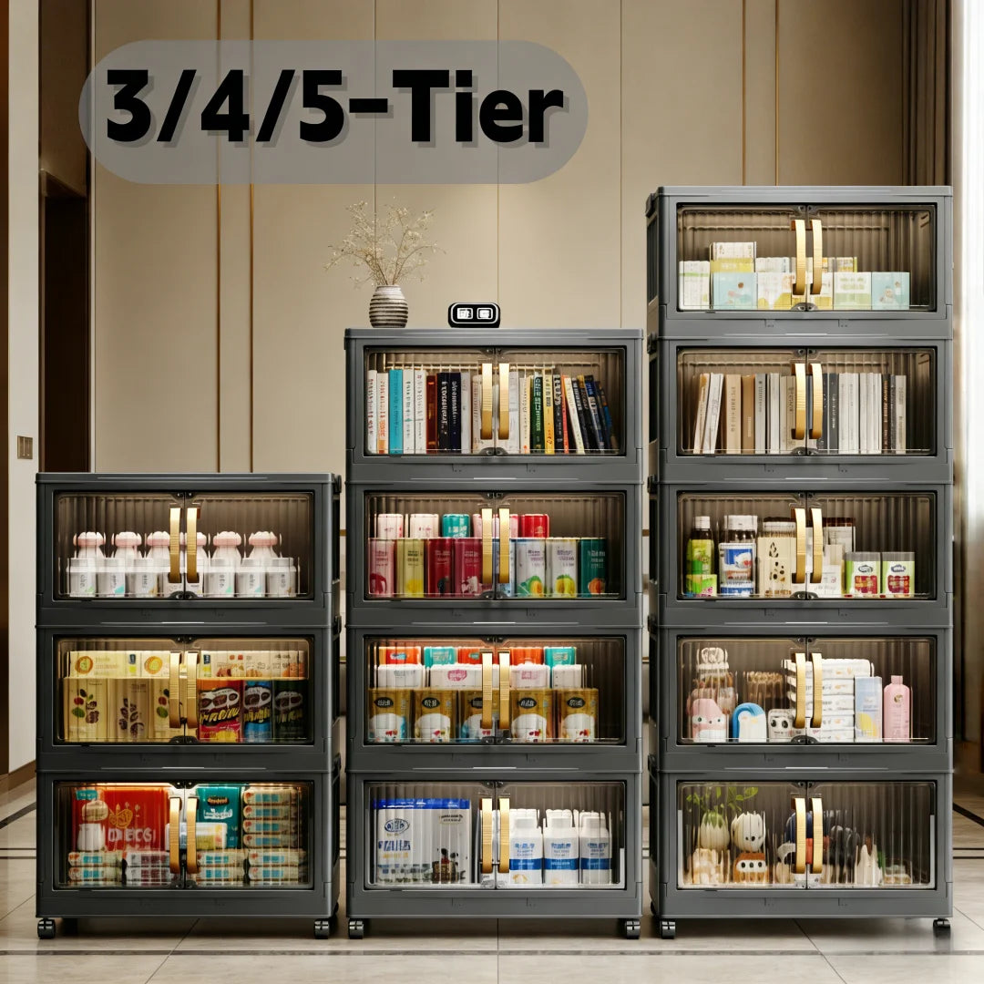 3/4/5-Layer Foldable Stackable Storage Cabinet with Magnetic Clear Doors, Foldable Plastic Storage Boxes with Gold Handles and 360° Swivel Wheels, Quick-Assembly Buckle Rolling Organizer, Great for Makeup, Snacks, Books, Pan