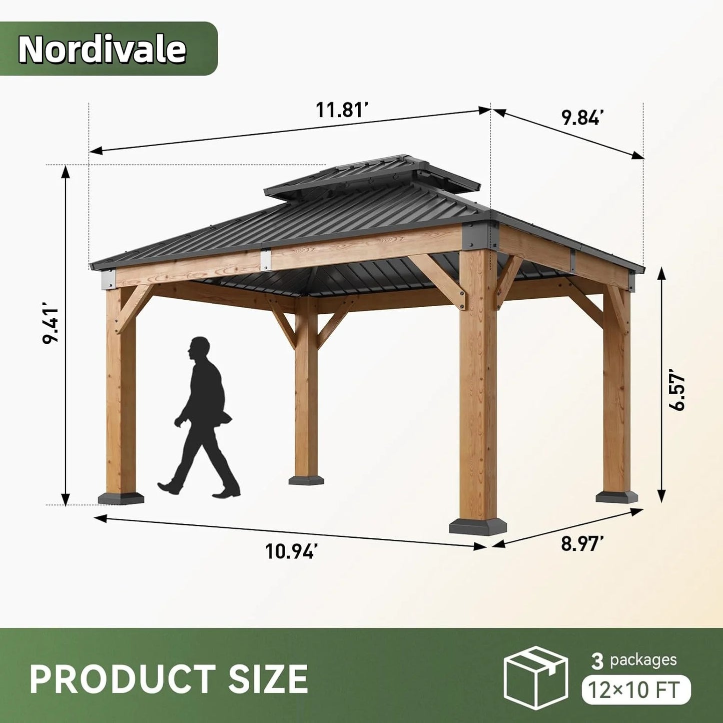 Nordivale 10x12FT Cedar Wood Hardtop Gazebo Permanent Wooden Pavilion Galvanized Steel Double Roof Outdoor Canopy for Patio Garden Deck Natural