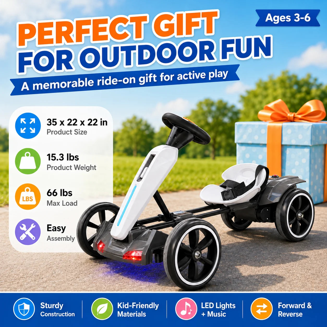 Kids Electric Go Kart 12V Ride-On for Ages 3-6 | Forward & Reverse, Foldable Design, LED Lights & Music, Sturdy Metal Frame, 4 EVA Wheels, Seat Belt Safety, Indoor & Outdoor Fun, 66 lbs Capacity, Easy Storage & Assembly