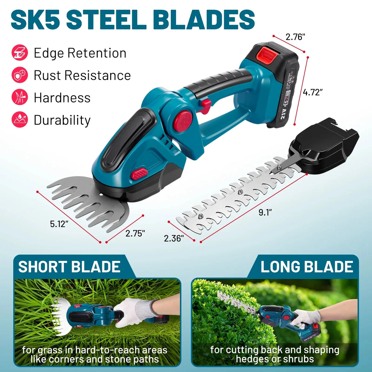 Cordless Hedge Trimmer 2 in 1 Handheld Grass Trimmer 90° Rotatable Blade Shrub Pruning Cutter 2000mAh Li-ion Battery for Home Garden Lawn Care Tools