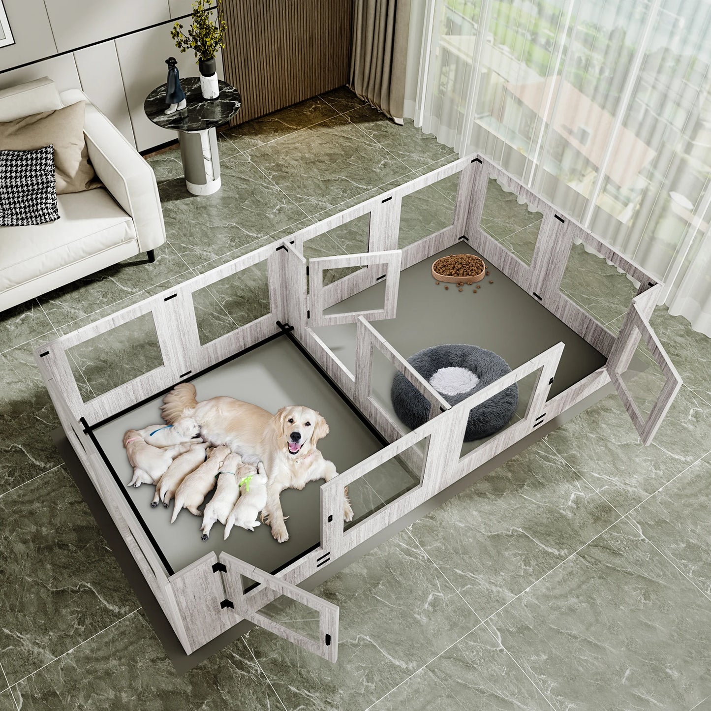 8 Panels Tempered Glass Dog Puppies Playpen for Indoor Pet Whelping Pen Exercise Fence Box Cage with Waterproof Fertility Pad