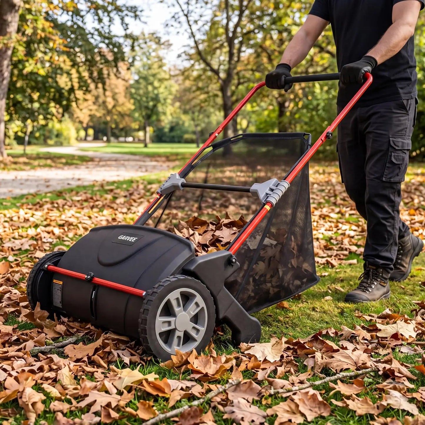 21 Inch Push Lawn Sweeper, Manual Yard Leaf & Grass Collector With Large Hopper, 4 Spinning Brushes, Adjustable Height, Steel Frame
