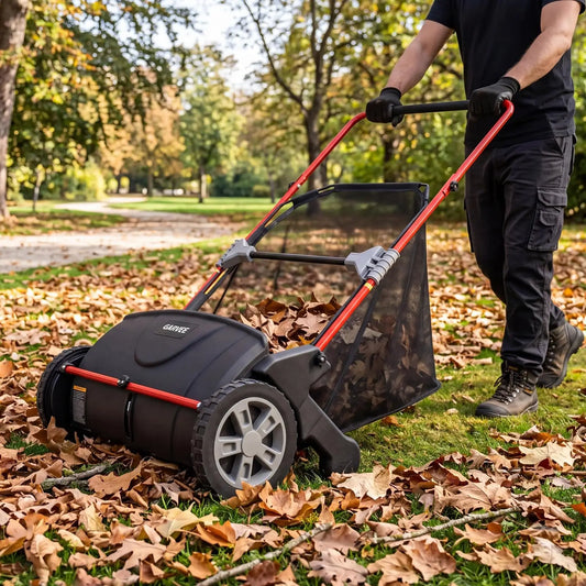 21 Inch Push Lawn Sweeper, Manual Yard Leaf & Grass Collector With Large Hopper, 4 Spinning Brushes, Adjustable Height, Steel Frame