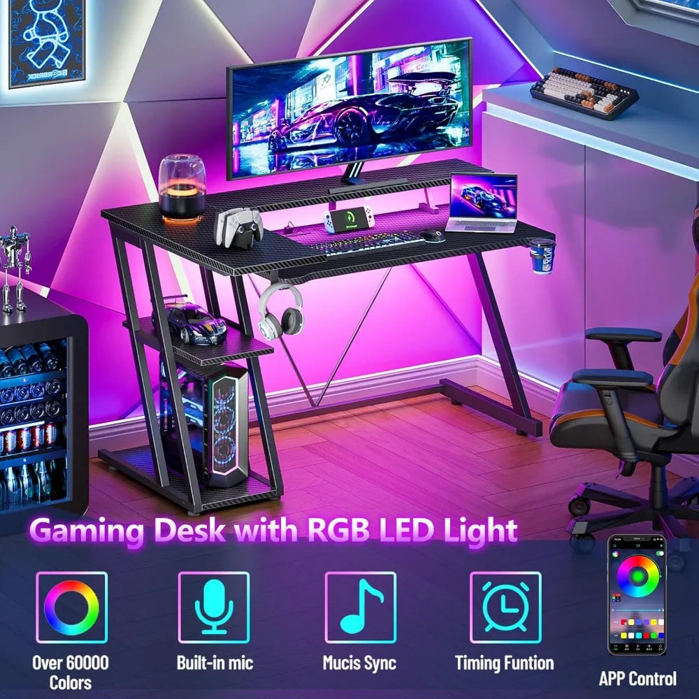 Premium 40 Inch Gaming Desk with Power Outlet & LED Lights, L Shaped Computer Gaming Table with 3 Tiers Storage Shelves, Corner