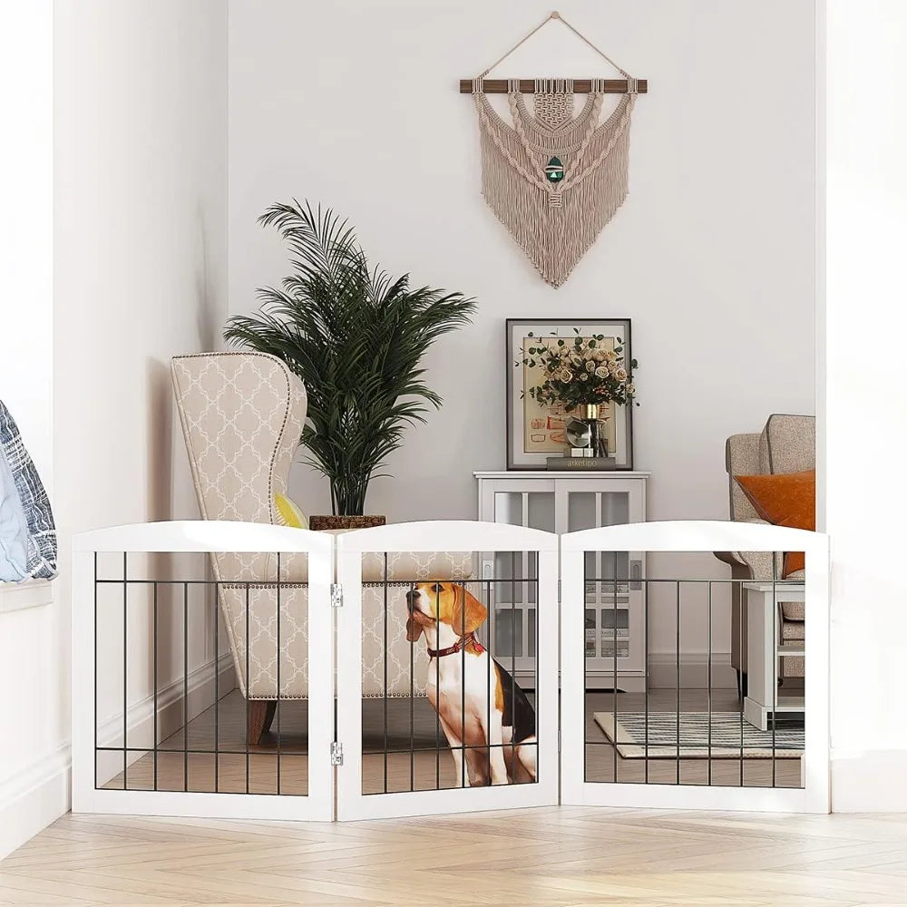 Free Standing Dog Gate for House, Stairs, Doorways - Foldable Wooden Pet Fence, 60"W x 24"H, 3 Panels, White