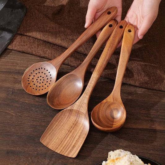 Kitchen Luxury Teak Wood Utensil Set - Elegant 5-Piece Cooking Ensemble Including Spoons, Server, Scraper & Spatula