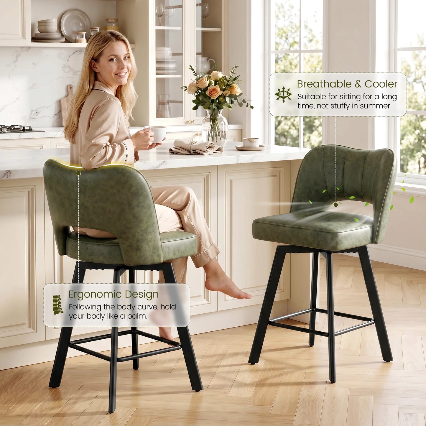 EnHomee Dining Chairs 2Pcs, 26" Counter Height Faux Leather Swivel Chair, Hollow Backrest Metal Legs 350lbs Kitchen Island Furniture