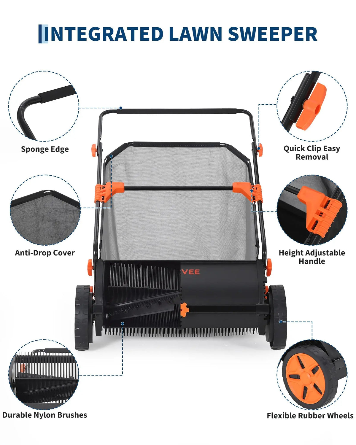 21-Inch Push Lawn Sweeper, Yard Leaf Grass Sweeper With Large Collection Bag, 4 Brushes, Steel Frame, 10'' Wheels, Height Adjustable