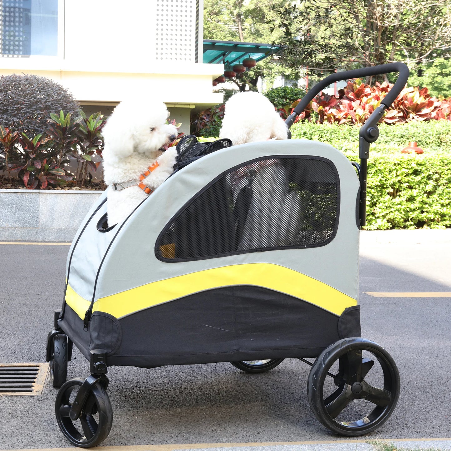 Dog Stroller for 2 Dogs Pet Jogger Wagon Travel Carriage with Zipper Divider and 4 Wheels Foldable Rolling Pet Carrier Cart Pram