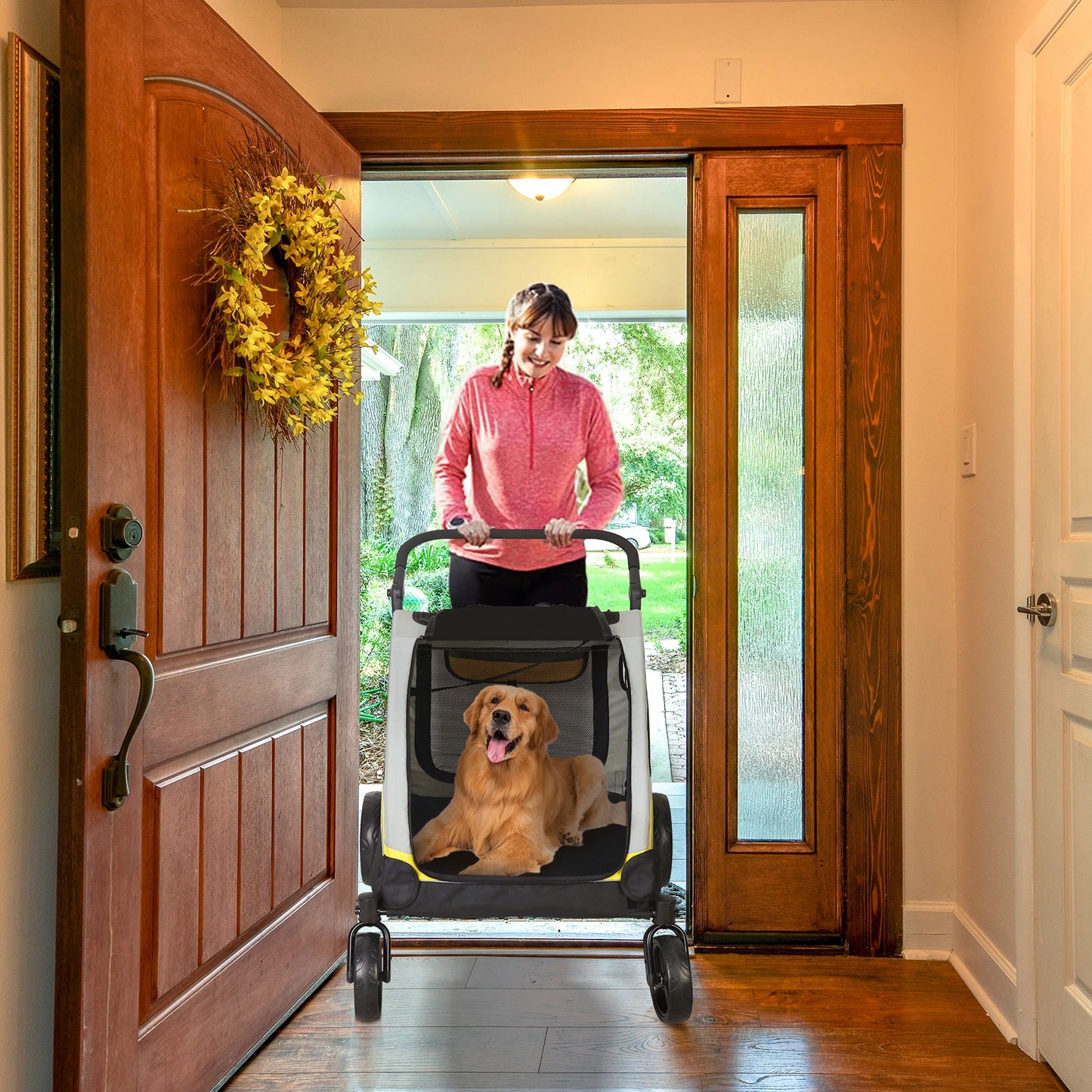 Dog Stroller for 2 Dogs Pet Jogger Wagon Travel Carriage with Zipper Divider and 4 Wheels Foldable Rolling Pet Carrier Cart Pram