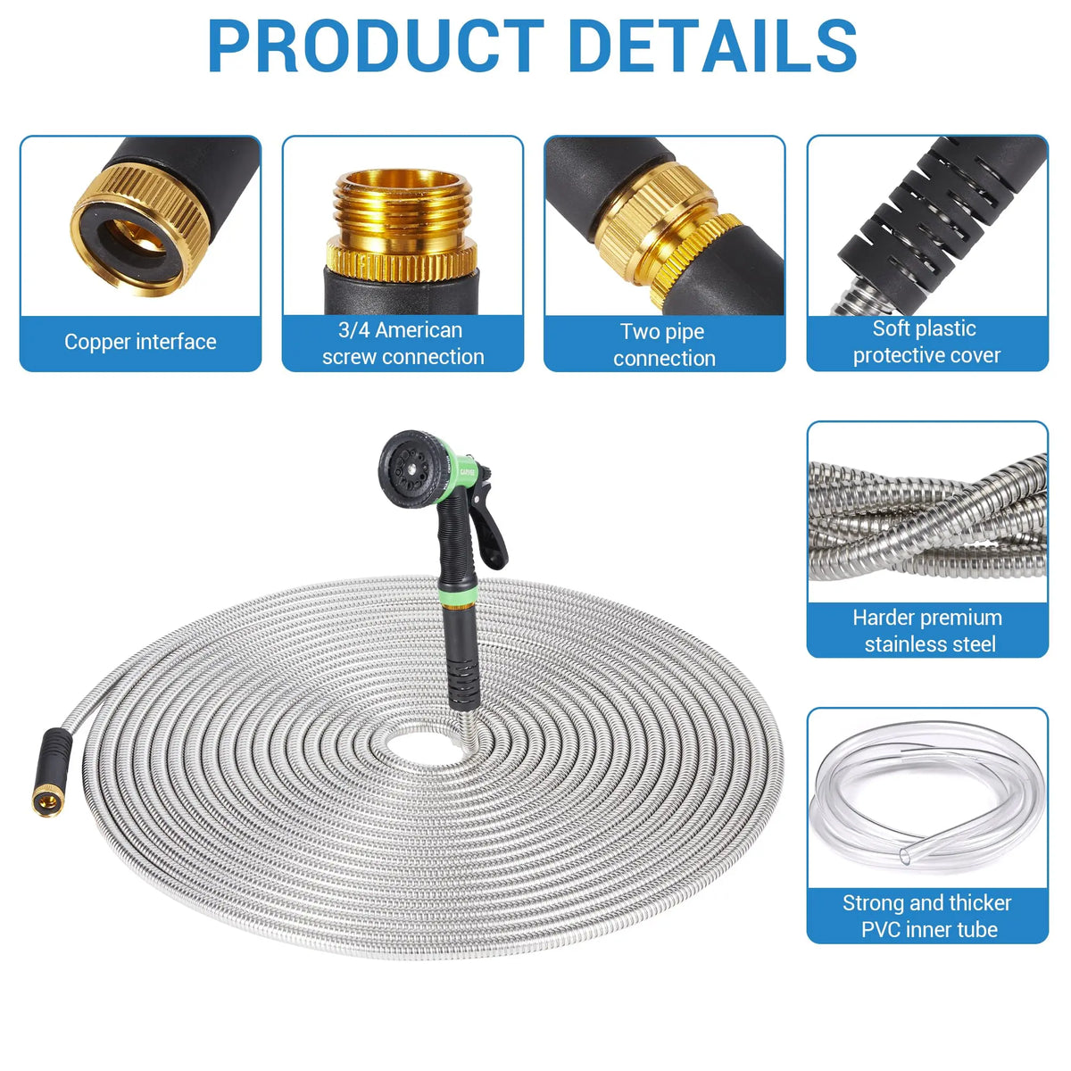 50/100/150FT Stainless Steel Garden Hose With 10-Function Spray Nozzle Kink-Free Metal Water Hose Brass Connectors