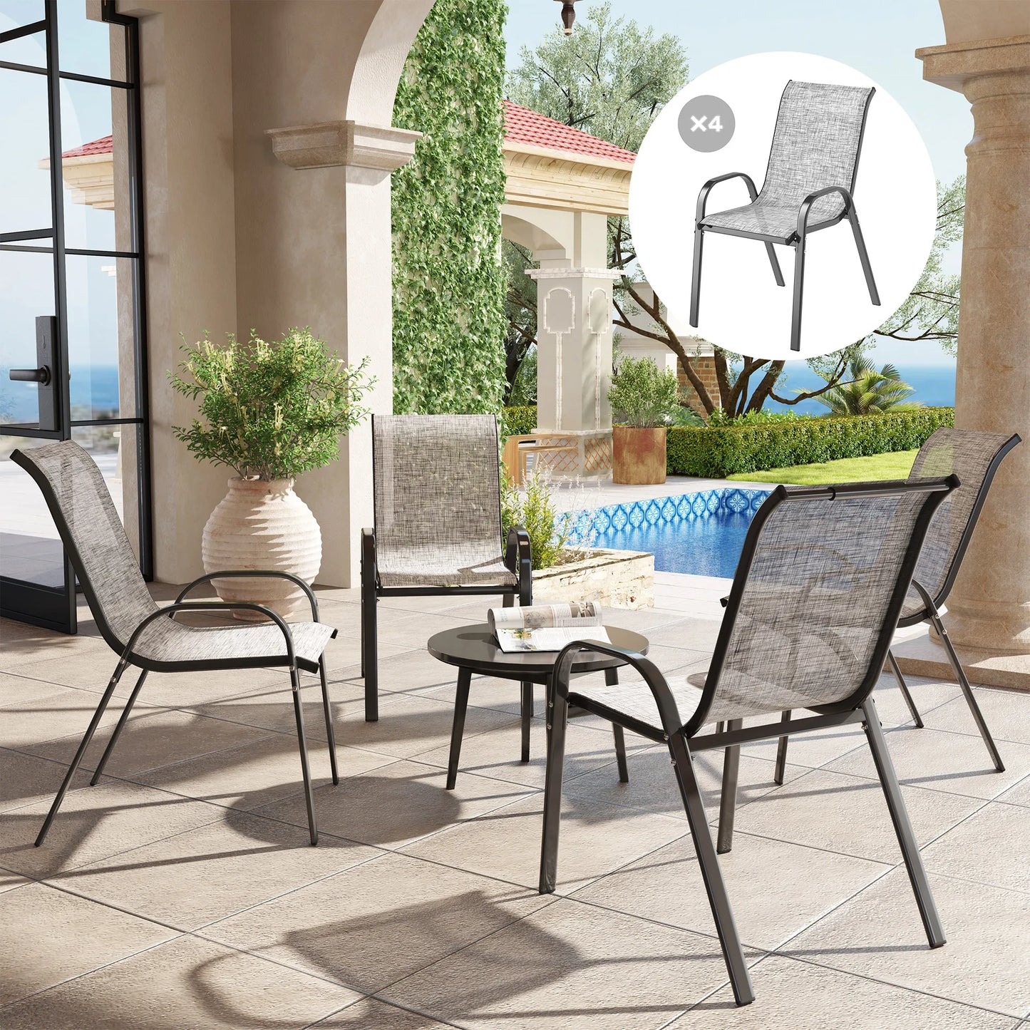 Set of 4 Patio Dining Chairs, Stackable Outdoor Chairs, Mixed Gray