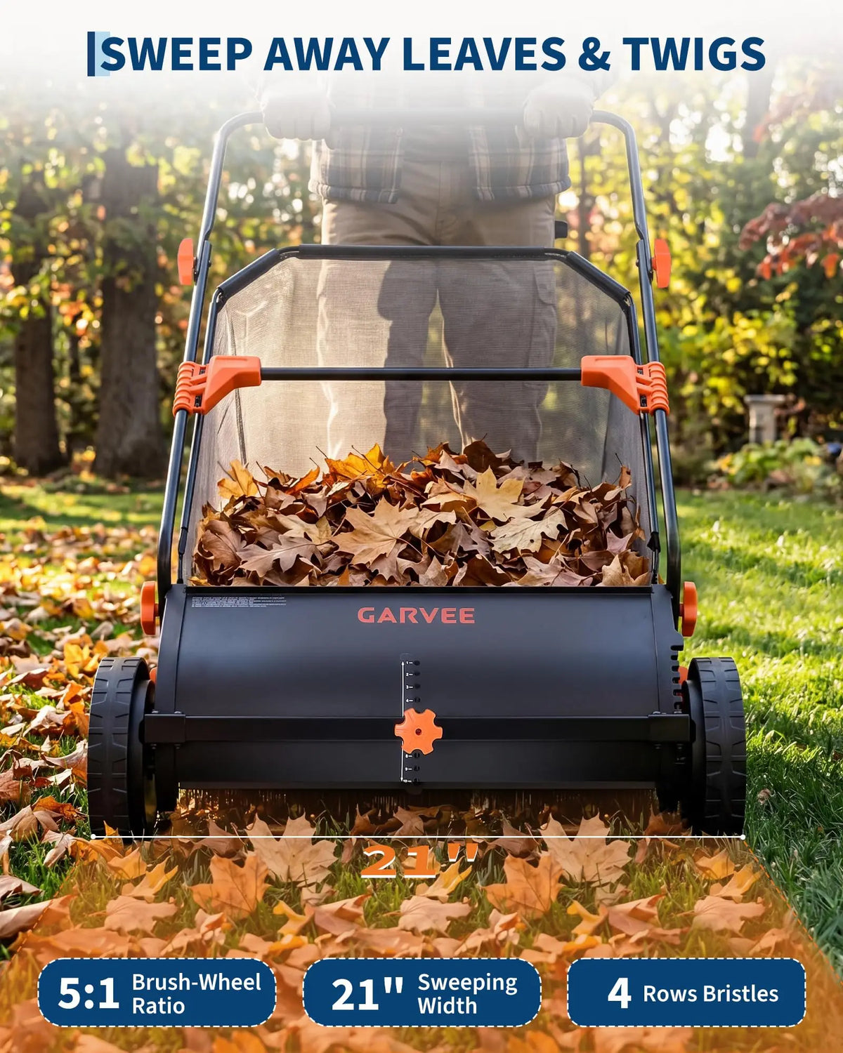 21-Inch Push Lawn Sweeper, Yard Leaf Grass Sweeper With Large Collection Bag, 4 Brushes, Steel Frame, 10'' Wheels, Height Adjustable