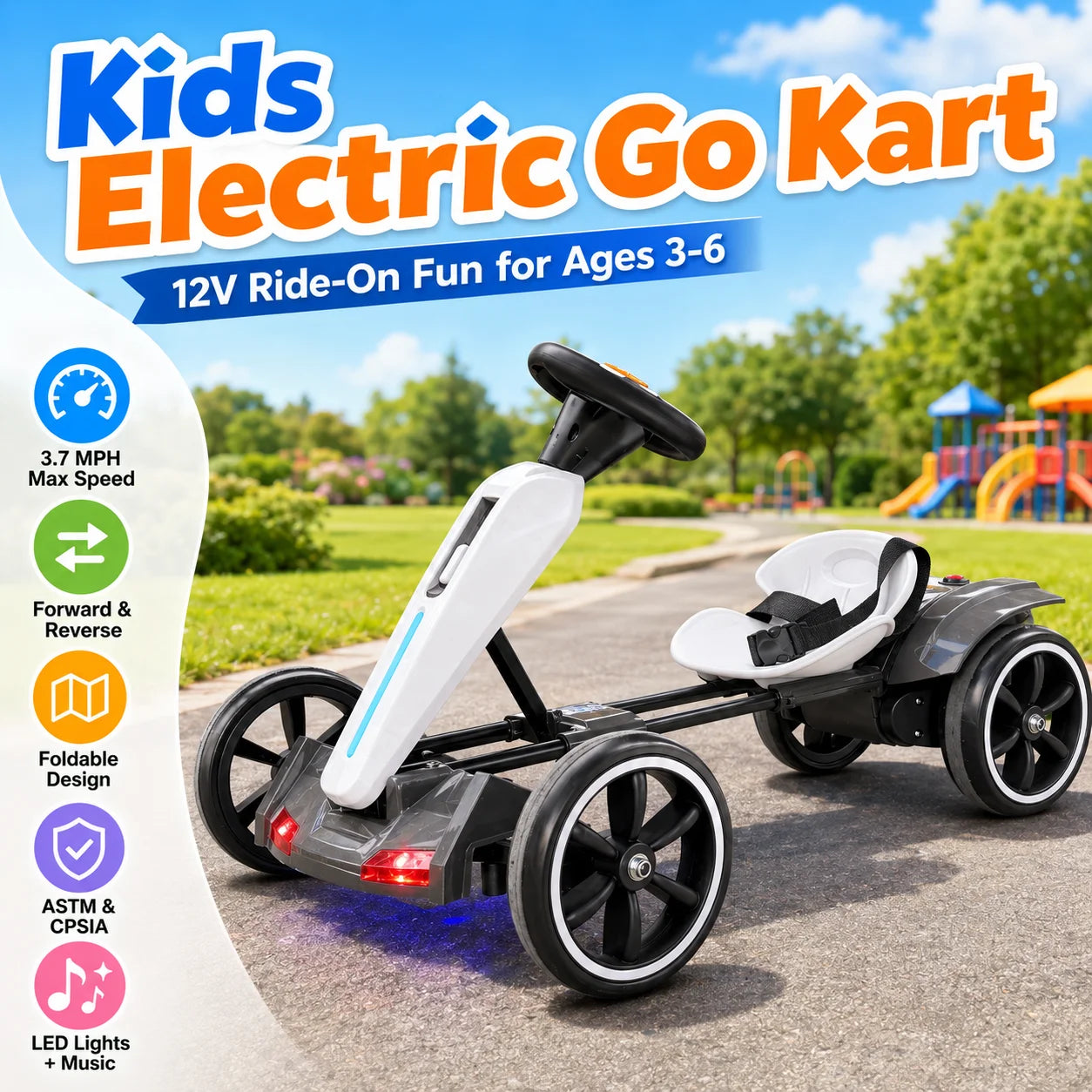 Kids Electric Go Kart 12V Ride-On for Ages 3-6 | Forward & Reverse, Foldable Design, LED Lights & Music, Sturdy Metal Frame, 4 EVA Wheels, Seat Belt Safety, Indoor & Outdoor Fun, 66 lbs Capacity, Easy Storage & Assembly