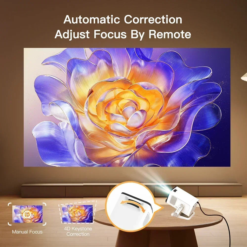 Mini Projector with Wifi6 and BT5.4 1080P 4K Support Android 11 Auto Keystone 180° Flexible Portable Beamer for Home Theater Use