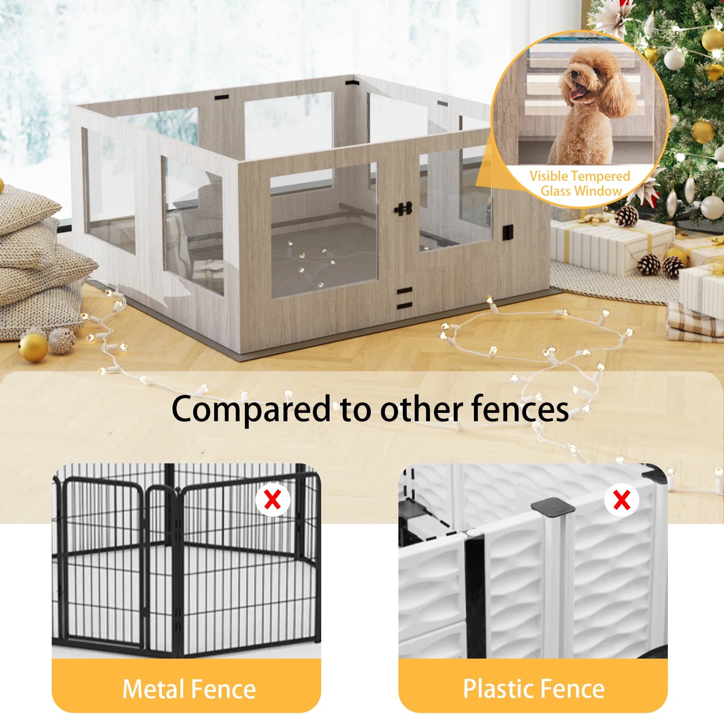 8 Panels Tempered Glass Dog Puppies Playpen for Indoor Pet Whelping Pen Exercise Fence Box Cage with Waterproof Fertility Pad