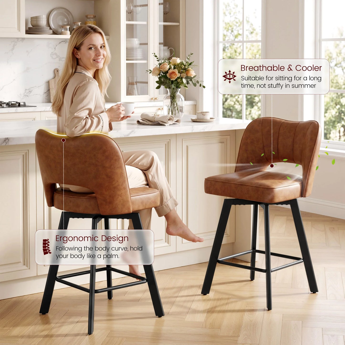 EnHomee Dining Chairs 2Pcs, 26" Counter Height Faux Leather Swivel Chair, Hollow Backrest Metal Legs 350lbs Kitchen Island Furniture