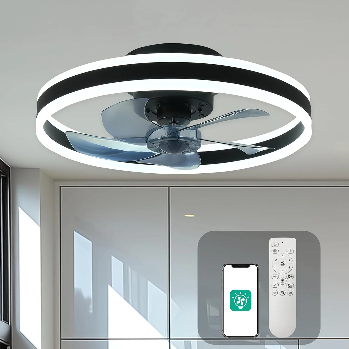 Ceiling Fan with Remote Control Flush Mount Modern Indoor 19.7" LED Dimmable Low Profile Ceiling Fans