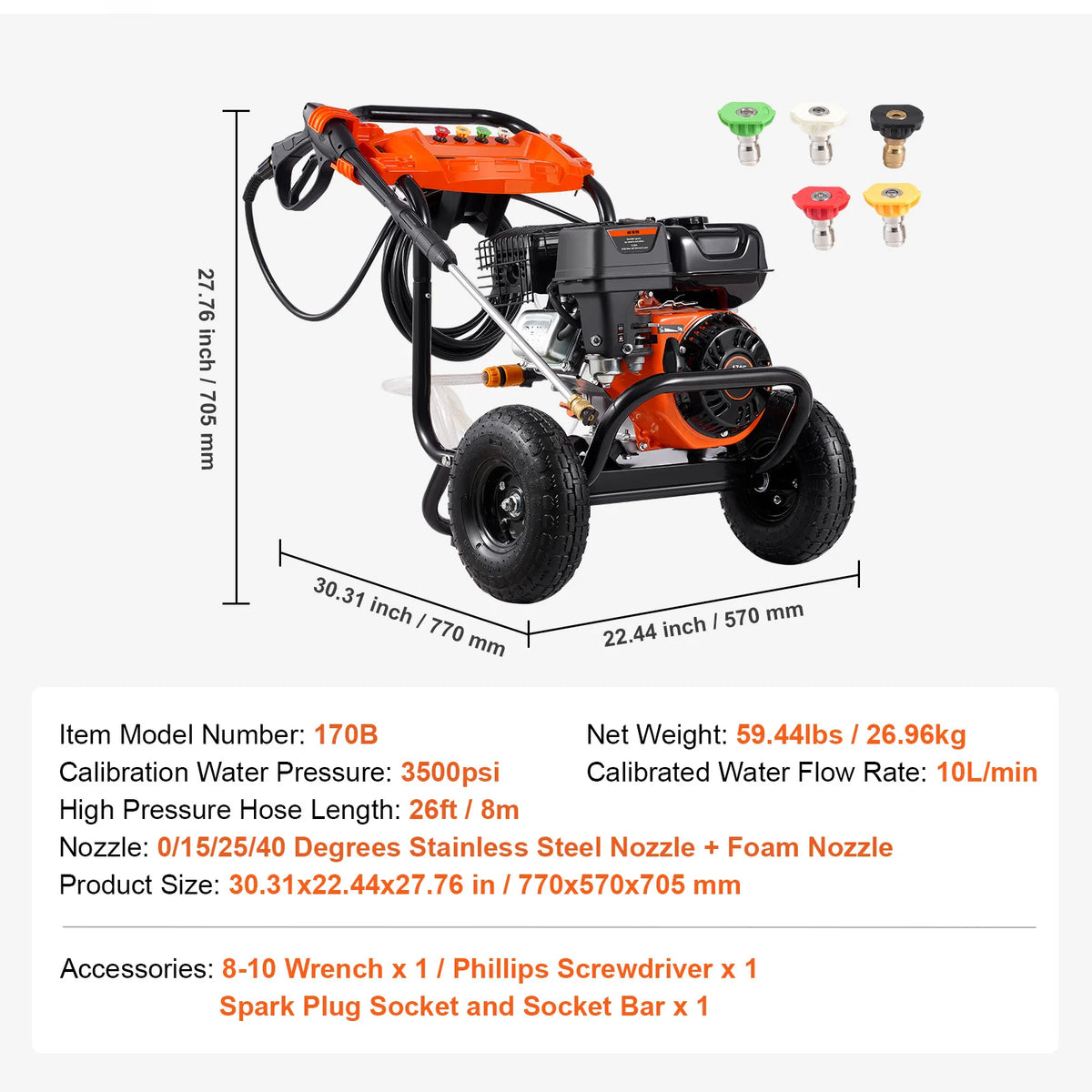 SucceBuy Gas Pressure Washer 3500PSI 2.6GPM Gas Powered with Aluminum Pump Spray Gun Extension Wand 5 Nozzle Set for Cars Fences
