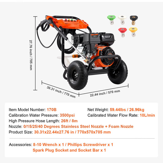 SucceBuy Gas Pressure Washer 3500PSI 2.6GPM Gas Powered with Aluminum Pump Spray Gun Extension Wand 5 Nozzle Set for Cars Fences