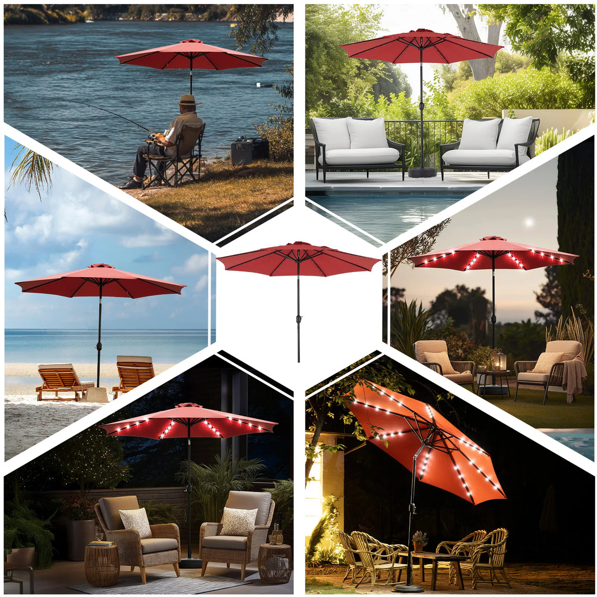 JHK 10FT Solar Patio Umbrella with 32 LED Lights UV-Resistant Outdoor Table Umbrella with Tilt and Crank for Backyard Garden