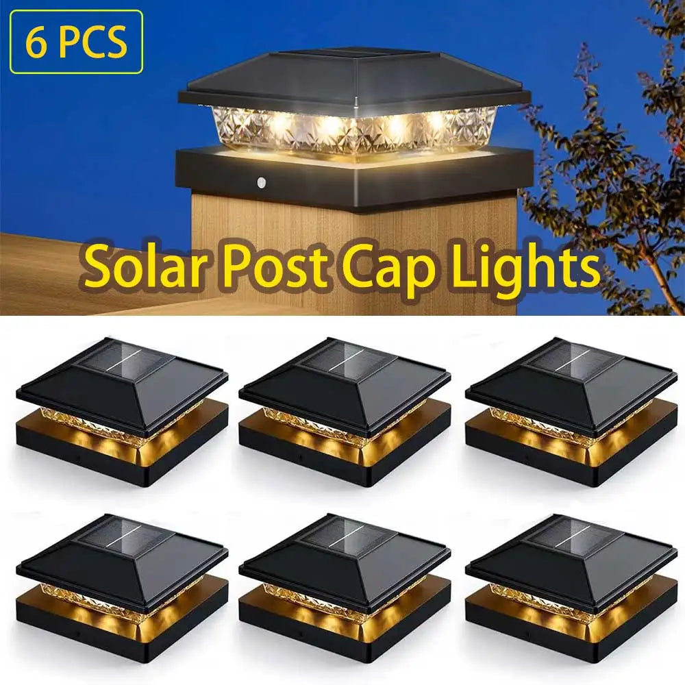 6Pcs Solar Post Cap Lights, Outdoor Waterproof LED Deck Lights Solar Powered 4x4 Fence Posts Light, for Patio Garden Yard Decor
