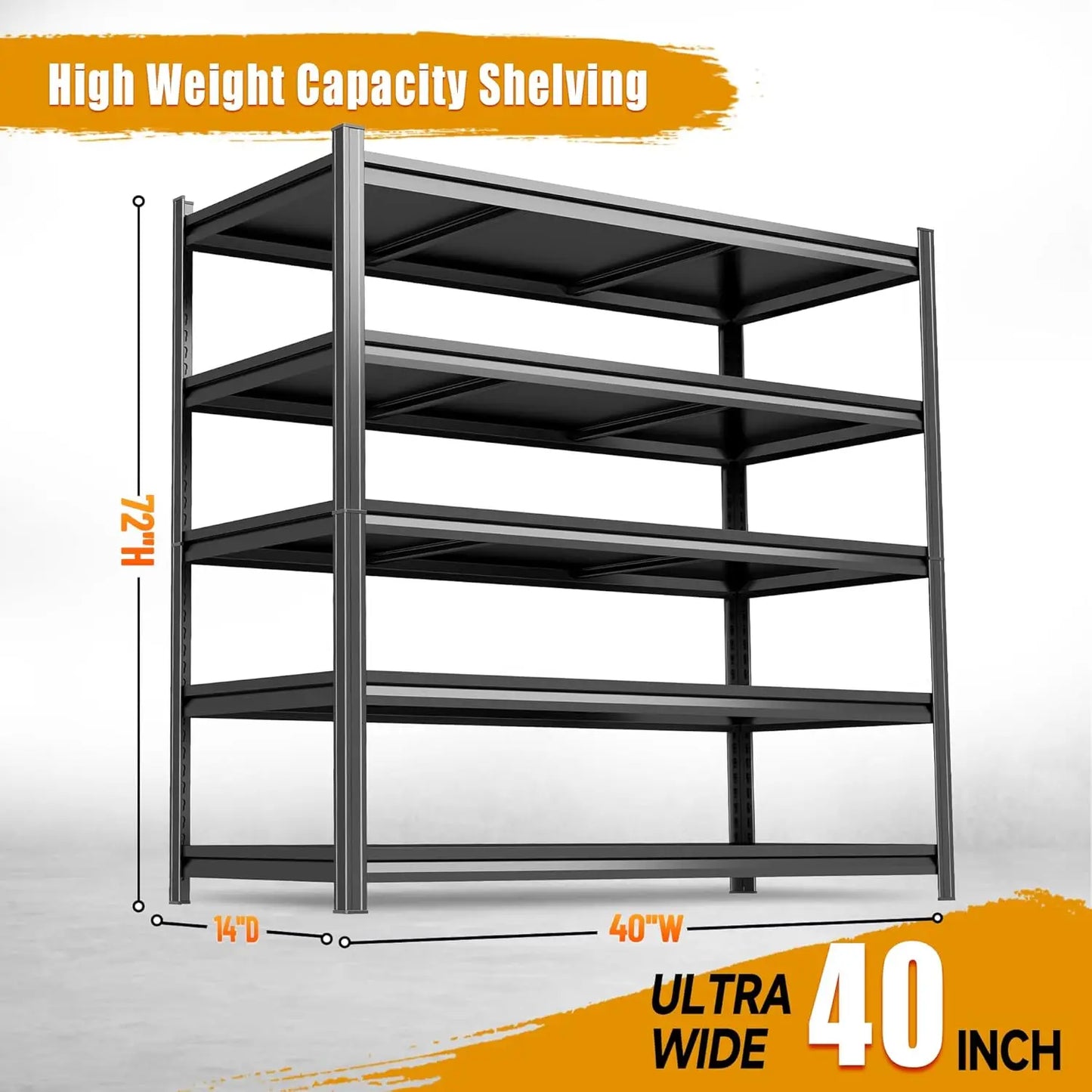 5 Tier Heavy Duty Garage Shelving 72''H X 40''W Metal Storage Shelves Adjustable 3000 Lbs Capacity Customized Organization