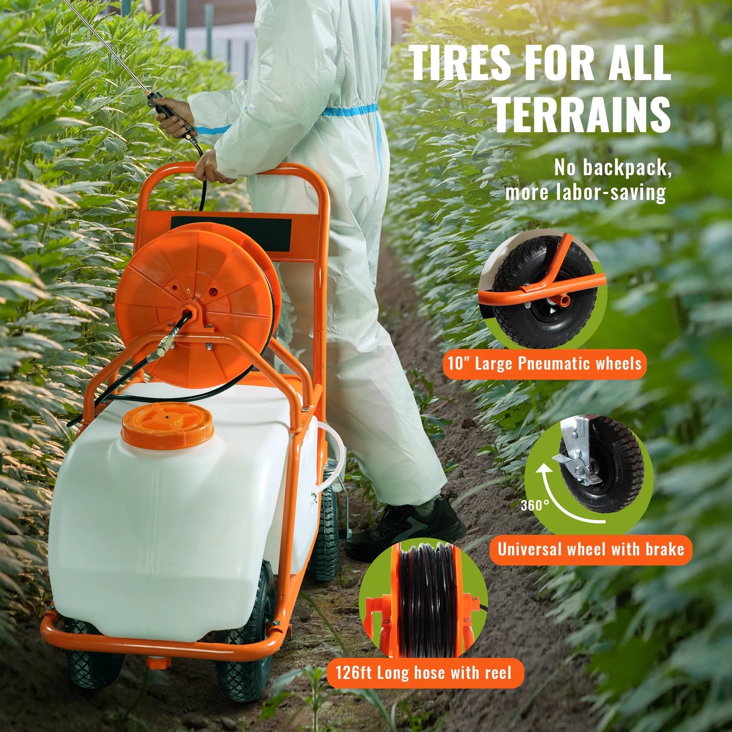 SucceBuy Battery Powered 15 Gal Garden Weed Sprayer with Wheeled Cart 126FT Hose with Reel 8 Nozzles 2 Wands with Lock for Crop